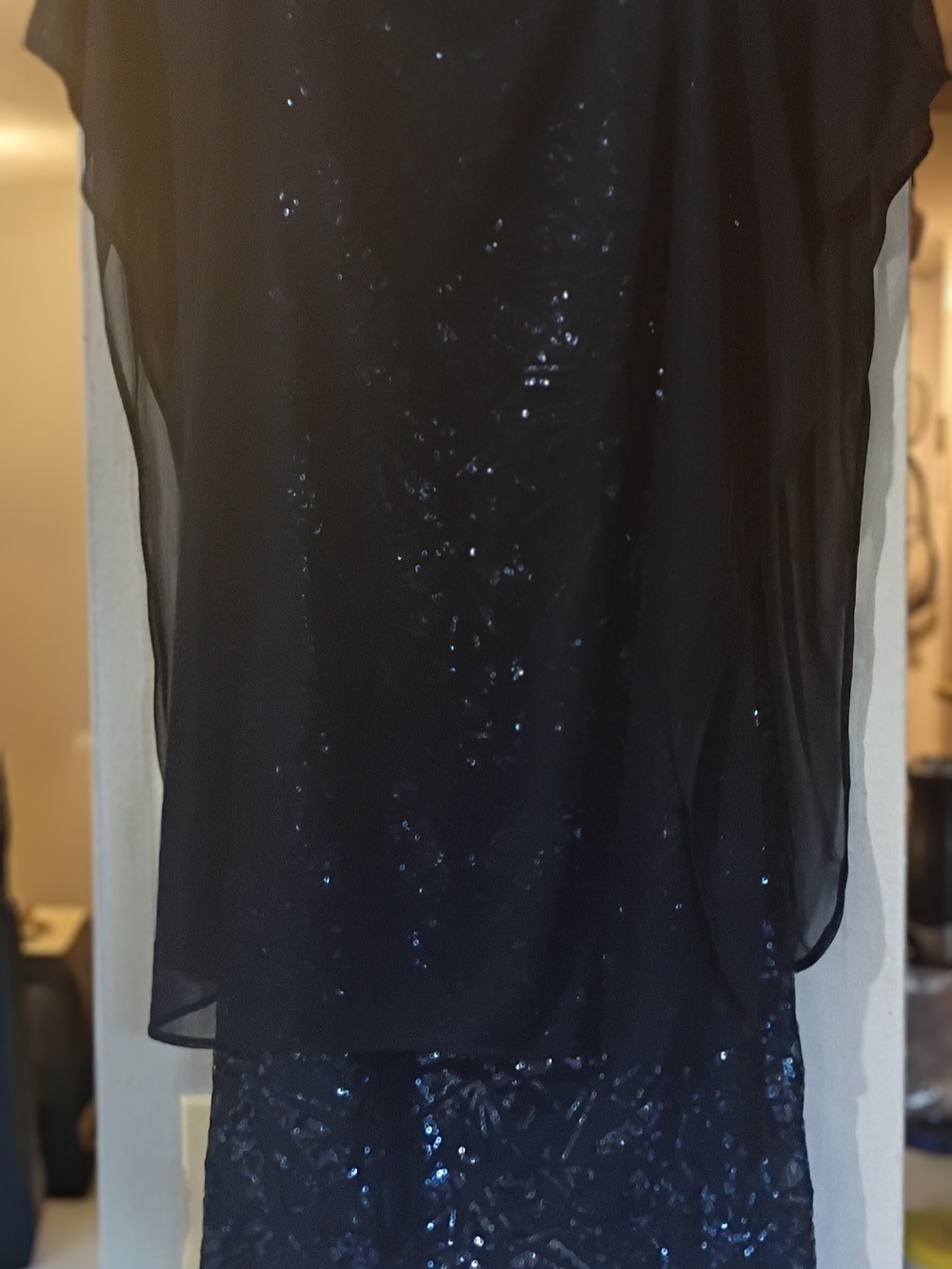 Jackie Jon New York Sequin Lace Dress with Sheer Chiffon Capelet Overlay